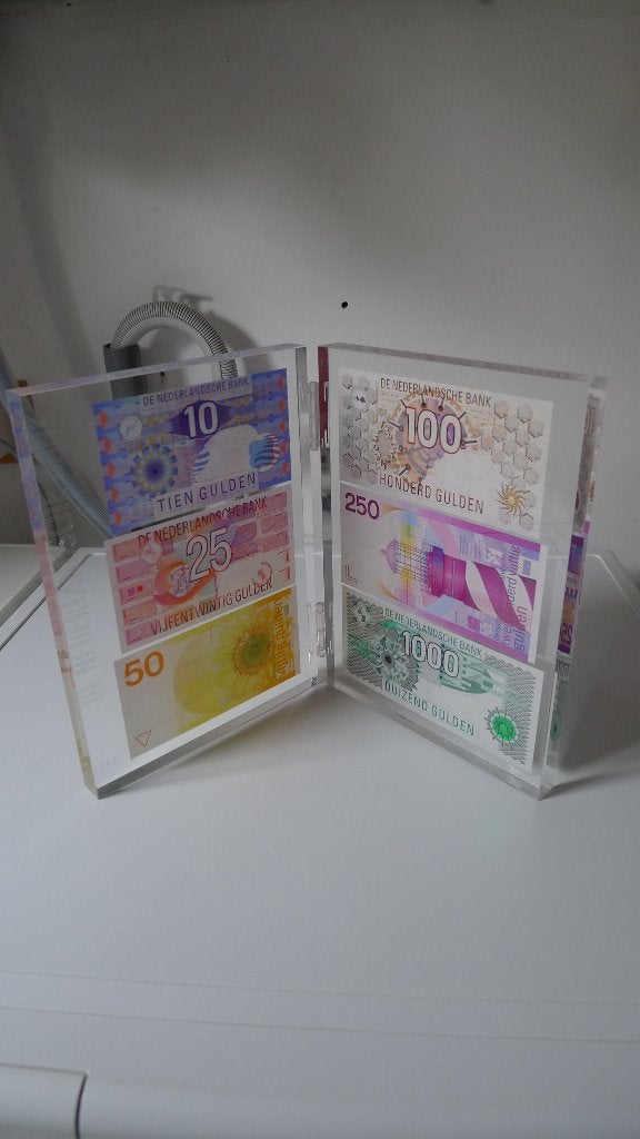 Gelimiteerde uitgave gulden biljetten in plexiglas Mintstaat, Ophalen of Verzenden, 1000 gulden, Setje