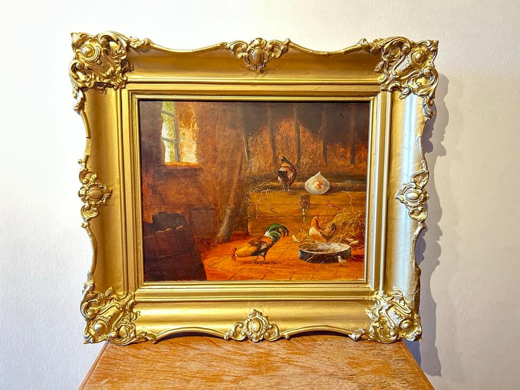 Pierre Talma - Kippen op stal - Olieverf op paneel, Ophalen of Verzenden