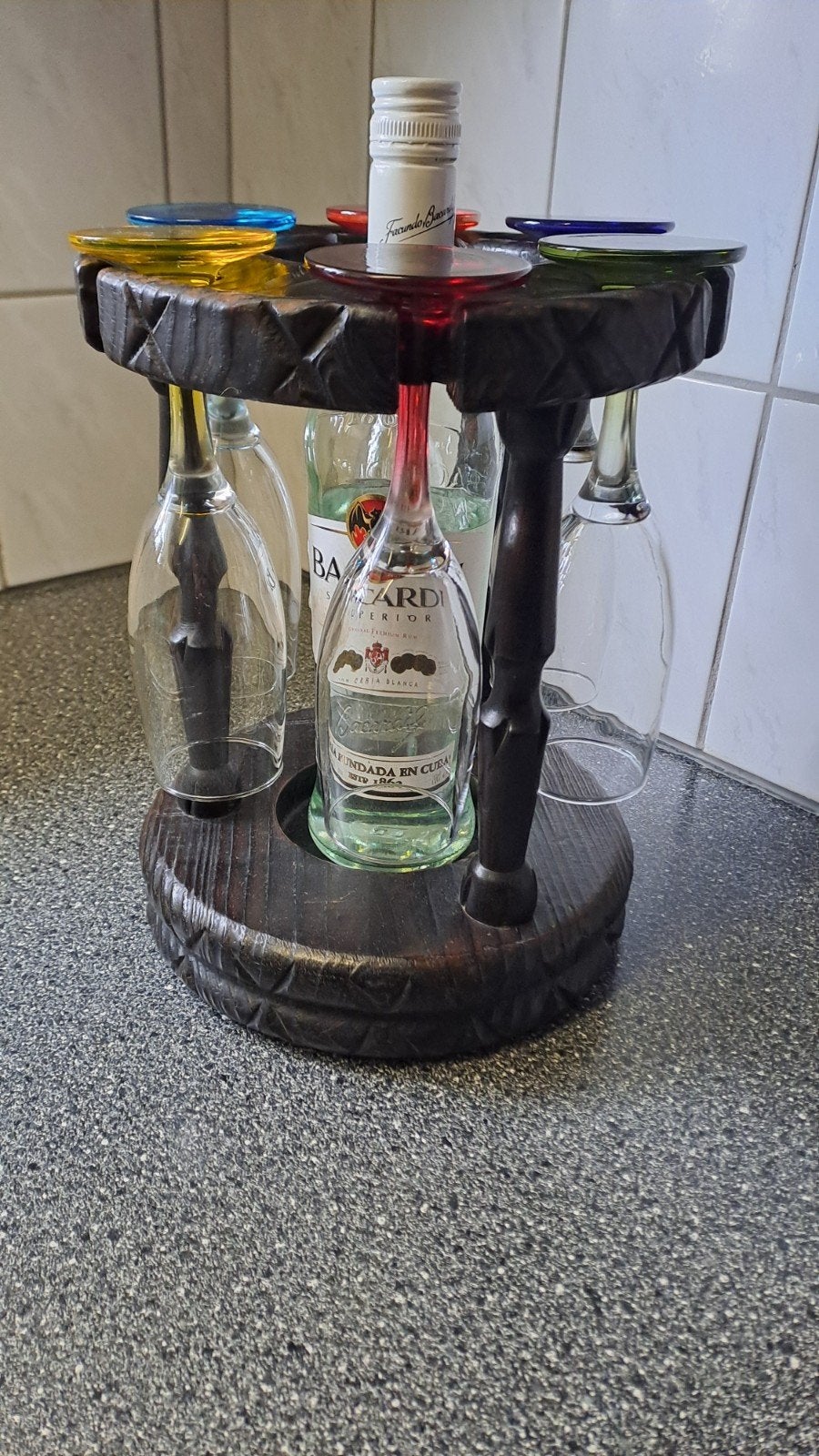 Vintage houten drankrekje met glazen, Ophalen of Verzenden, Zo goed als nieuw, N.v.t, N.v.t