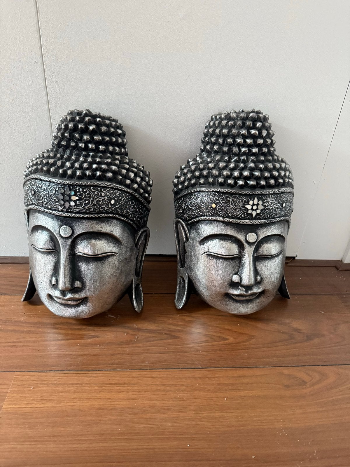 Set van 2 zilveren Boeddha hoofden uit Bali, 41 cm hoog, Huis en Inrichting, Gebruikt, Ophalen of Verzenden, Zilver, Set