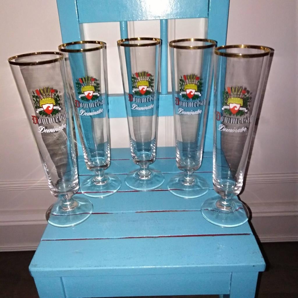Dommelsch Dominator bierglas set van 5, Verzamelen, Biermerken, Ophalen, Zo goed als nieuw, Glas of Glazen, Dommelsch