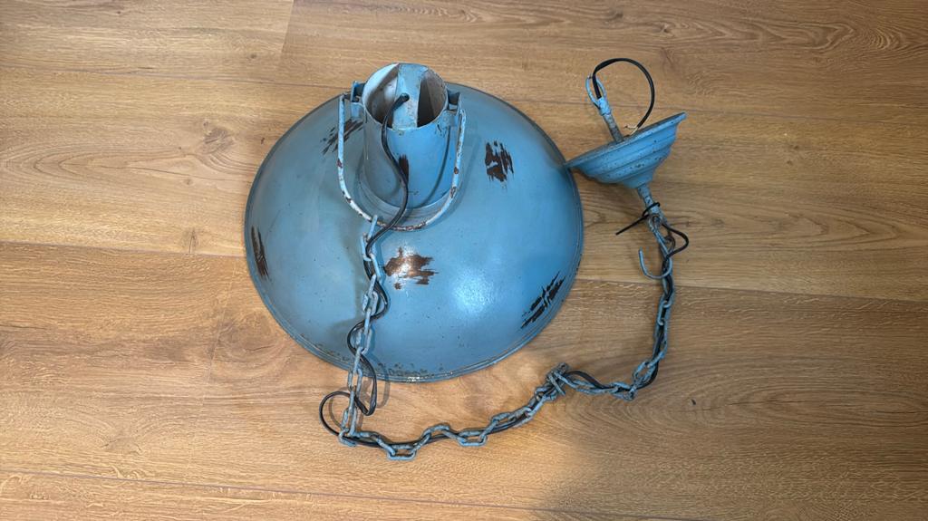 Mooie industriële hanglamp turquoise, Ophalen of Verzenden, Zo goed als nieuw