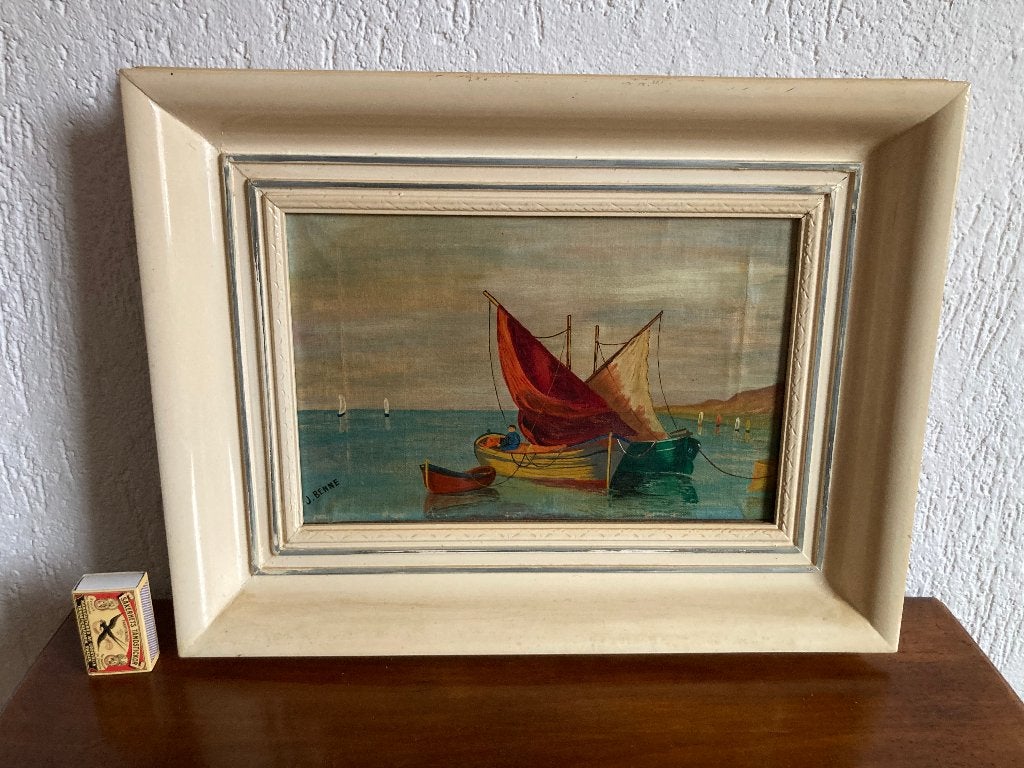 2 aangemeerde zeilbootjes + sloepje op blauw water afgemeerd, Minder dan 50 cm, Gebruikt, Oorspronkelijke maker, Ophalen of Verzenden