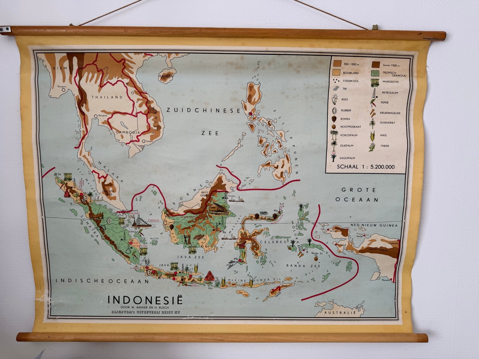 Vintage Schoolkaart Indonesië - Bakker & Rusch, Gelezen, Overige gebieden, Ophalen of Verzenden, Landkaart