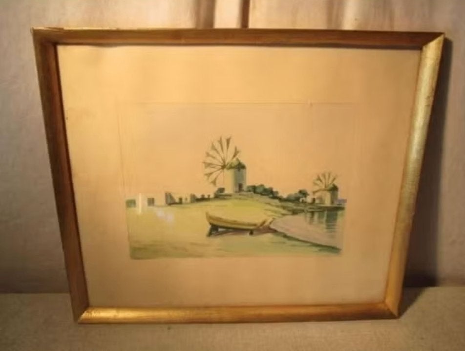 Mooi Geschilderd Aquarel 'Windmolens bij de Zee' - gesign., Gesigneerd, Ophalen of Verzenden, Landschap, Aquarel
