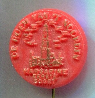 de Roem van het Noorden margarine plastic speldje ( W_409), Ophalen of Verzenden, Zo goed als nieuw, Merk, Speldje of Pin