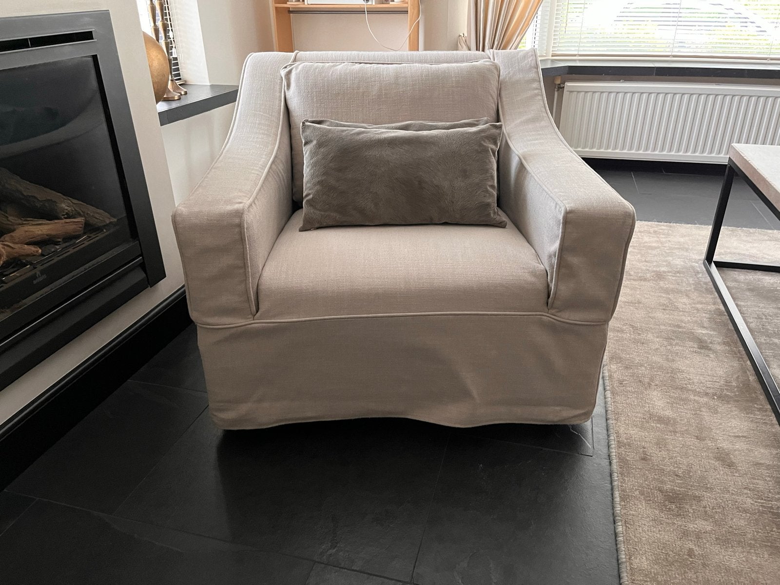 Comfortabele fauteuil met linnen bekleding, Huis en Inrichting, Fauteuils, Ophalen, Gebruikt, Stof, 75 tot 100 cm