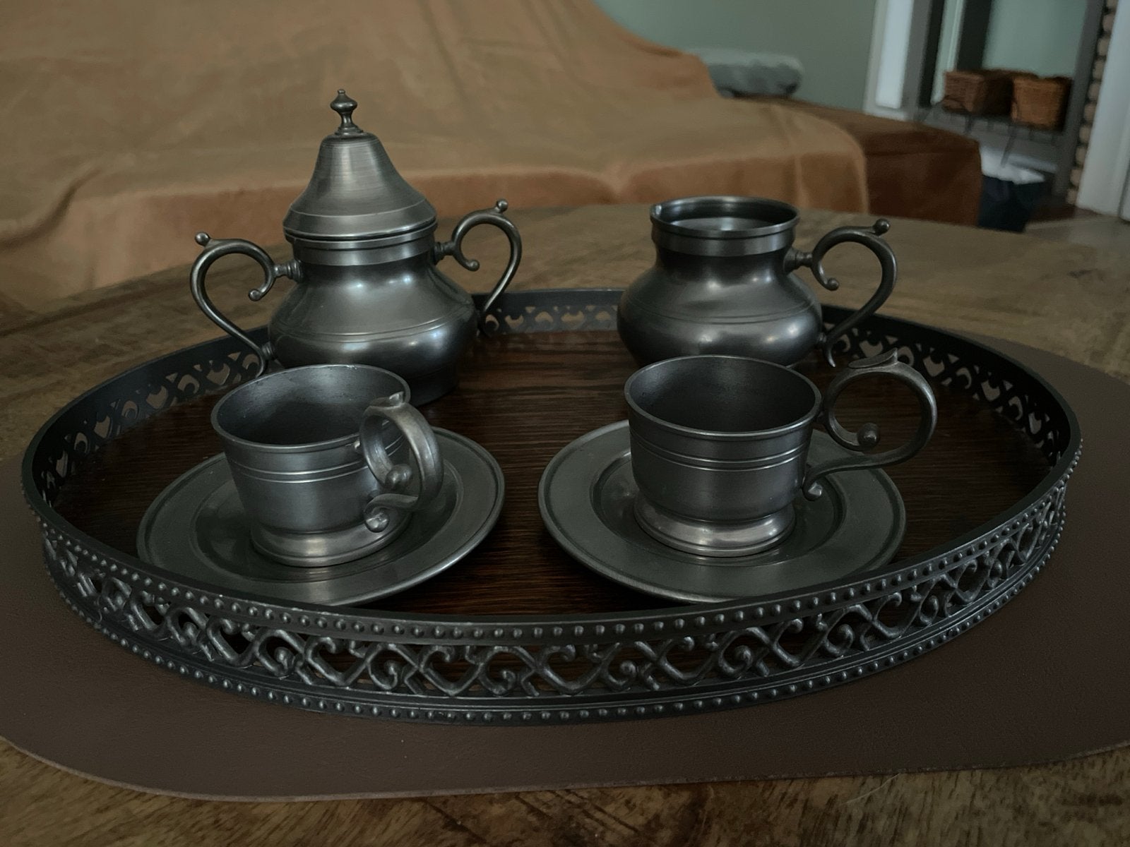 Vintage Tinnen Koffie-/Theeservies op Dienblad, Ophalen of Verzenden