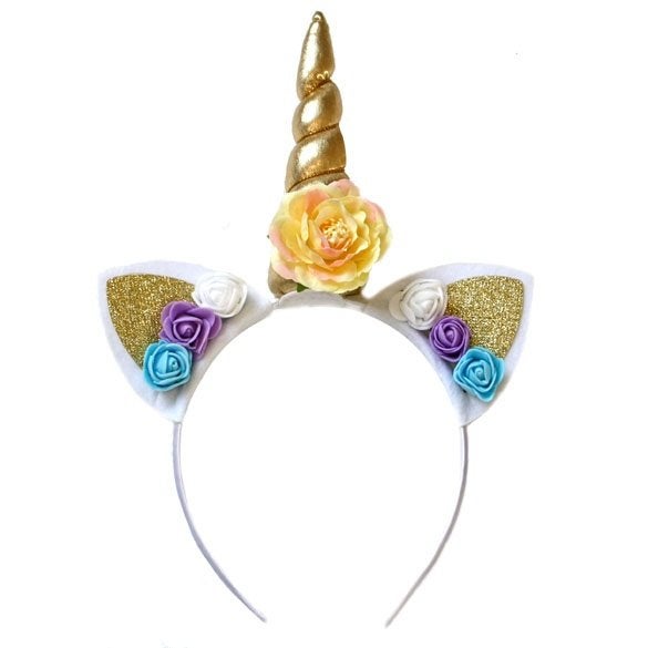 Carnaval unicorn diadeem hoorntje goud met oortjes en roosje, Ophalen of Verzenden, Nieuw, Pruik of Haarverlenging