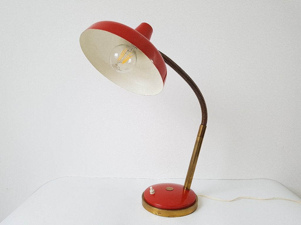 Aluminor Rode Vintage Bureaulamp met Messing Zwanenhals, Bureaulamp, Vintage, 60 cm, Inclusief lichtbron