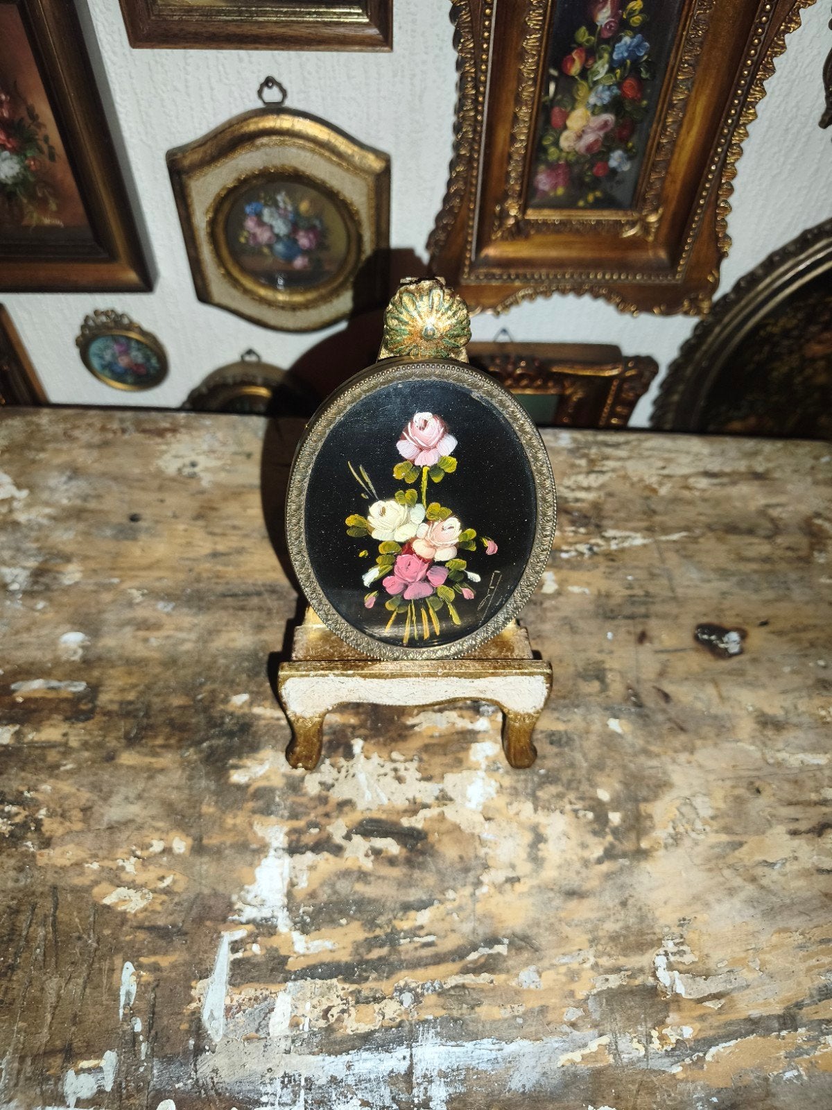 oud schilderijtje schilderij lijst stilleven bloemen X68, Antiek en Kunst, Ophalen of Verzenden