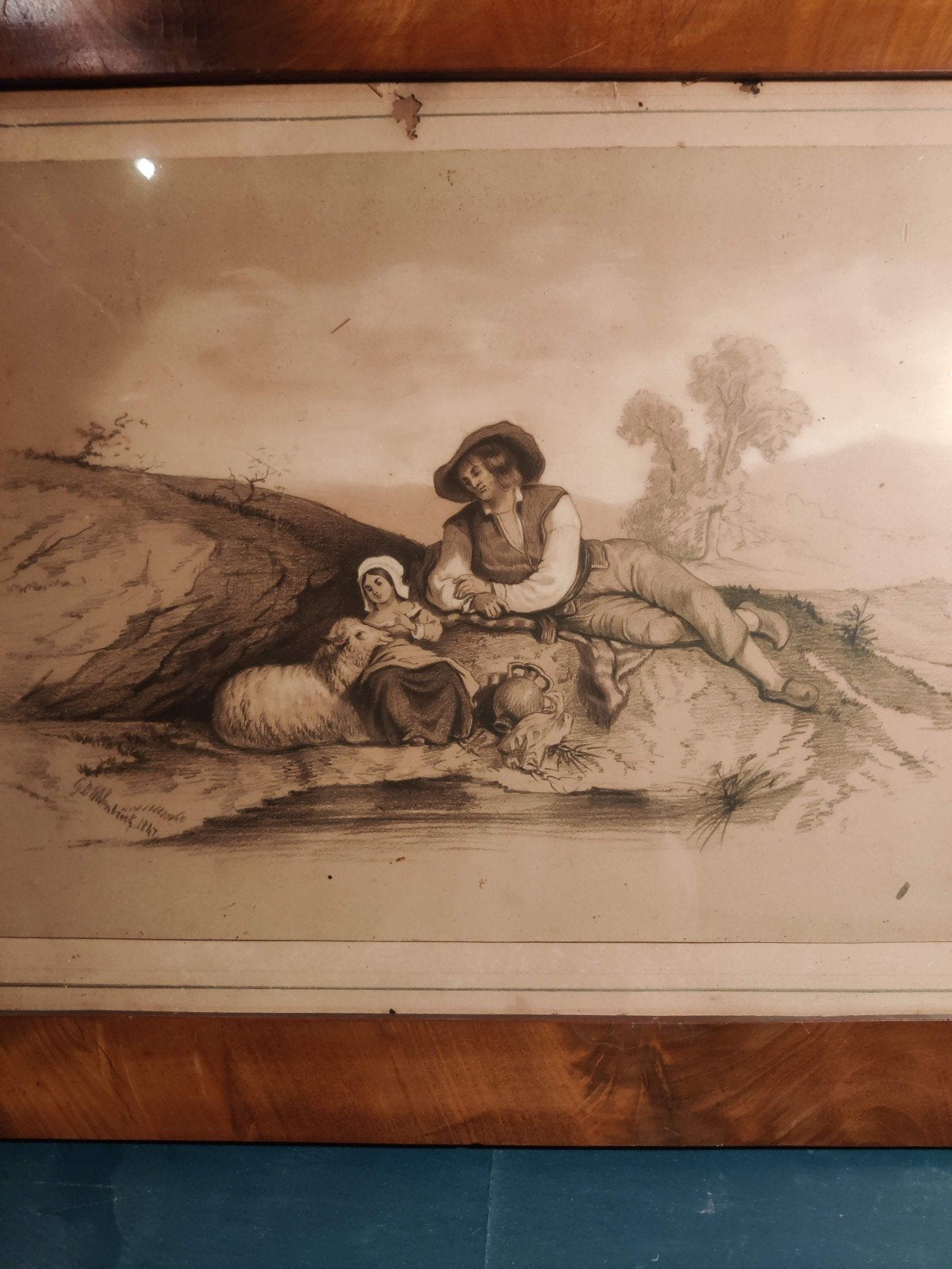 Oude tekening Anno 1847 zoldervondst zolderopruiming, Ophalen, Tekening, Krijttekening, Gesigneerd