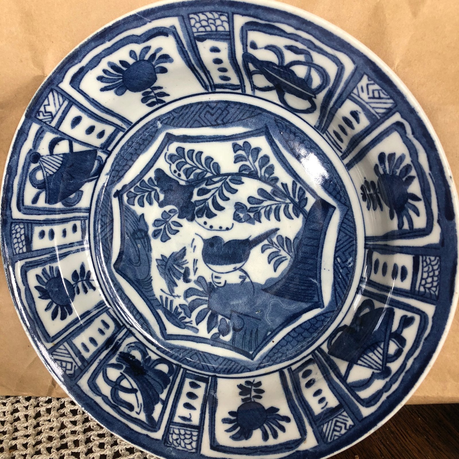 Porseleinen sierbord met vogel, blauw/ wit, oud, Antiek en Kunst, Ophalen of Verzenden