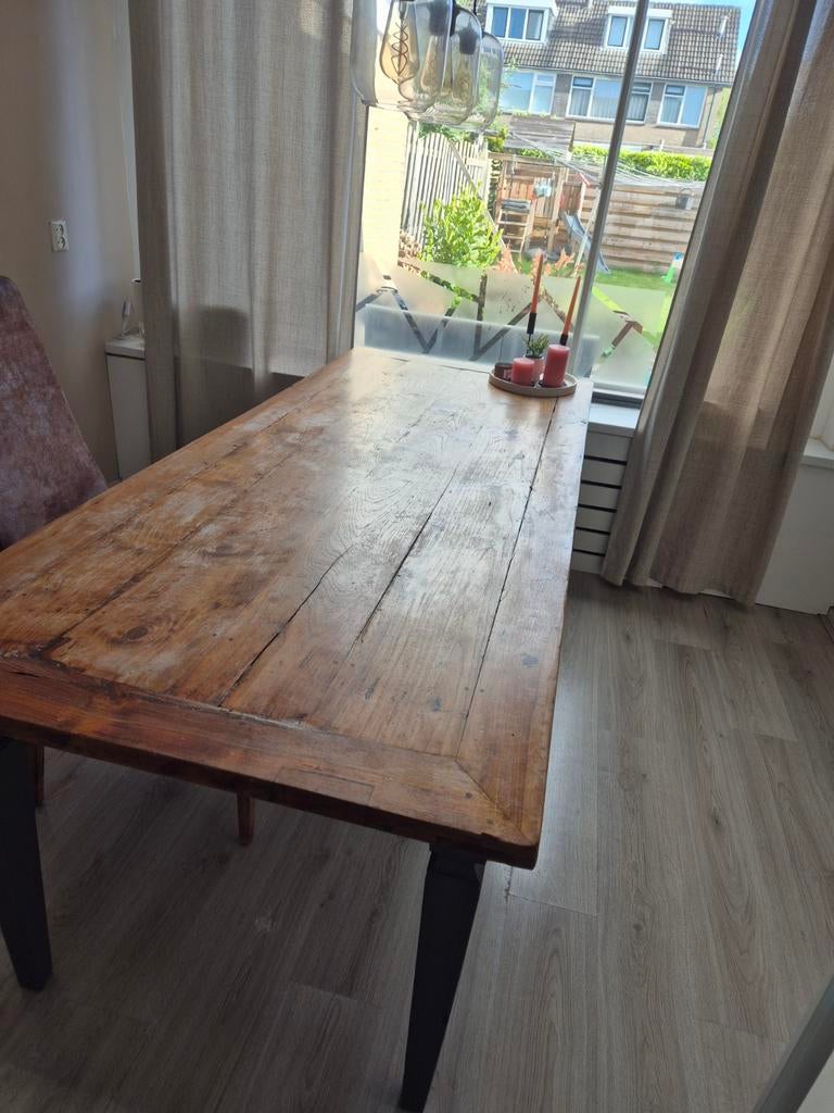 Gratis Houten eettafel met 6 stoelen, Ophalen, Gebruikt, Rechthoekig, 50 tot 100 cm