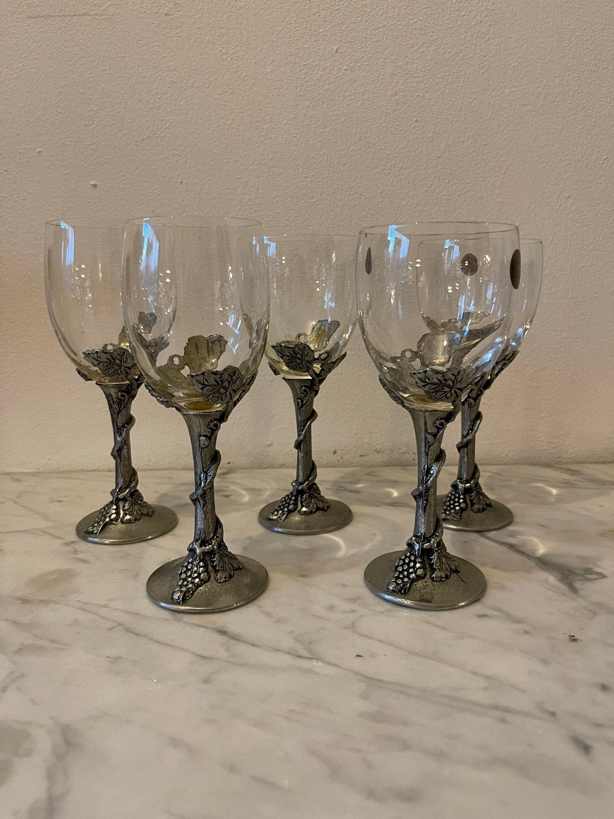 Set van 5 RCR Royal Crystal Rock wijnglazen met tinnen voet, Antiek en Kunst, Antiek | Glas en Kristal, Ophalen of Verzenden