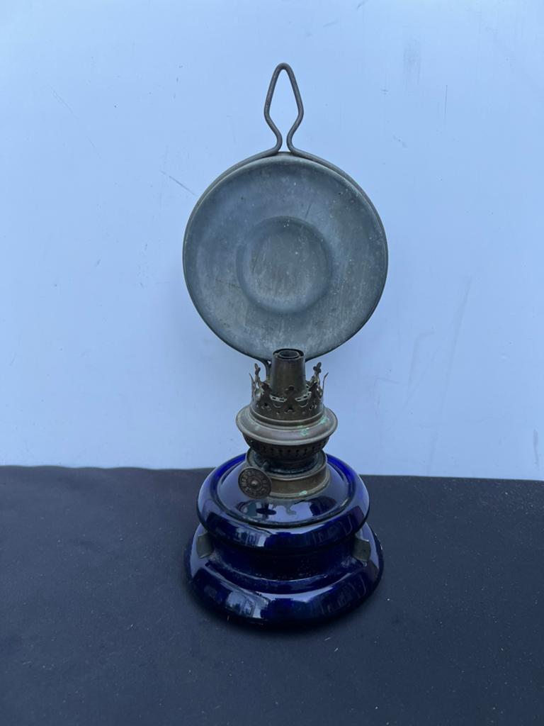 Te Koop : Antieke Olielamp Kobaltblauw Glazen Olie Lampje, Ophalen of Verzenden