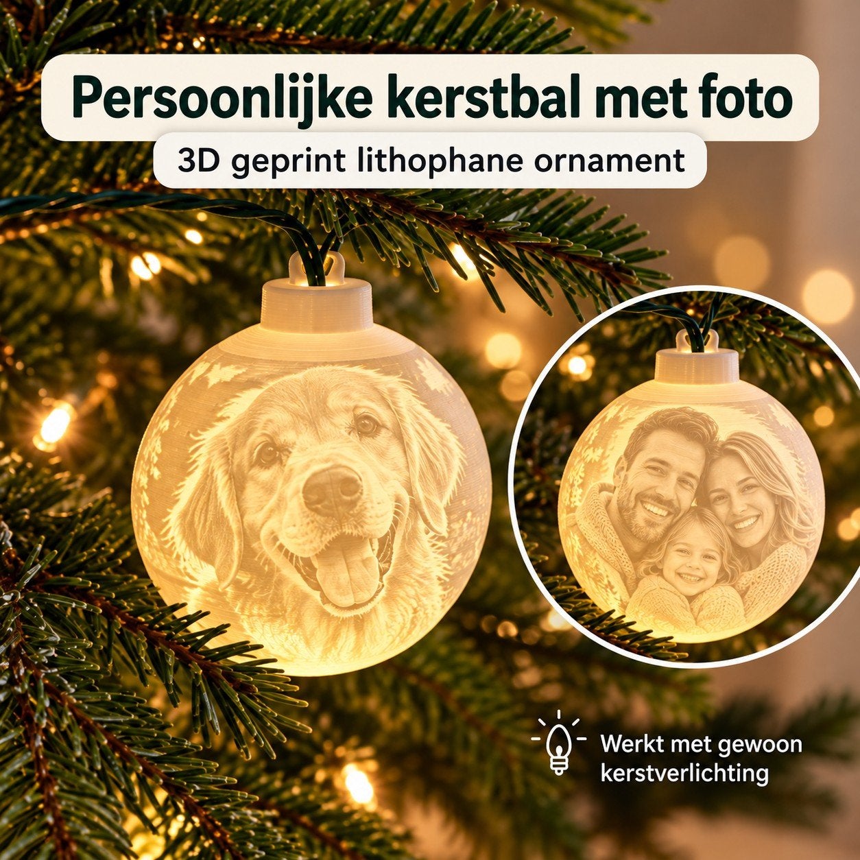 Persoonlijke kerstbal met eigen foto – 3D lithophane, Ophalen of Verzenden