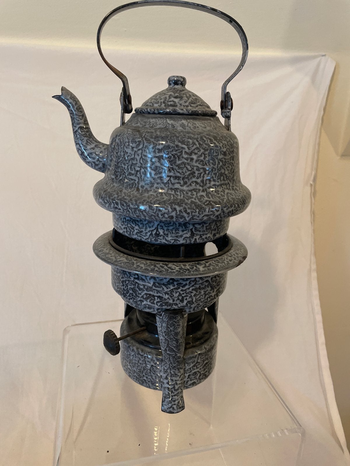 Antieke geëmailleerde theepot met brander, grijs gespikkeld, Antiek en Kunst, Antiek | Emaille, Ophalen of Verzenden