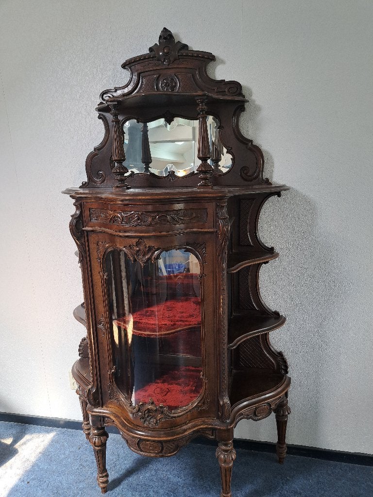 Vintage houten vitrinekast met bol glazen deurtje, Ophalen, Gebruikt, Vintage, Glas