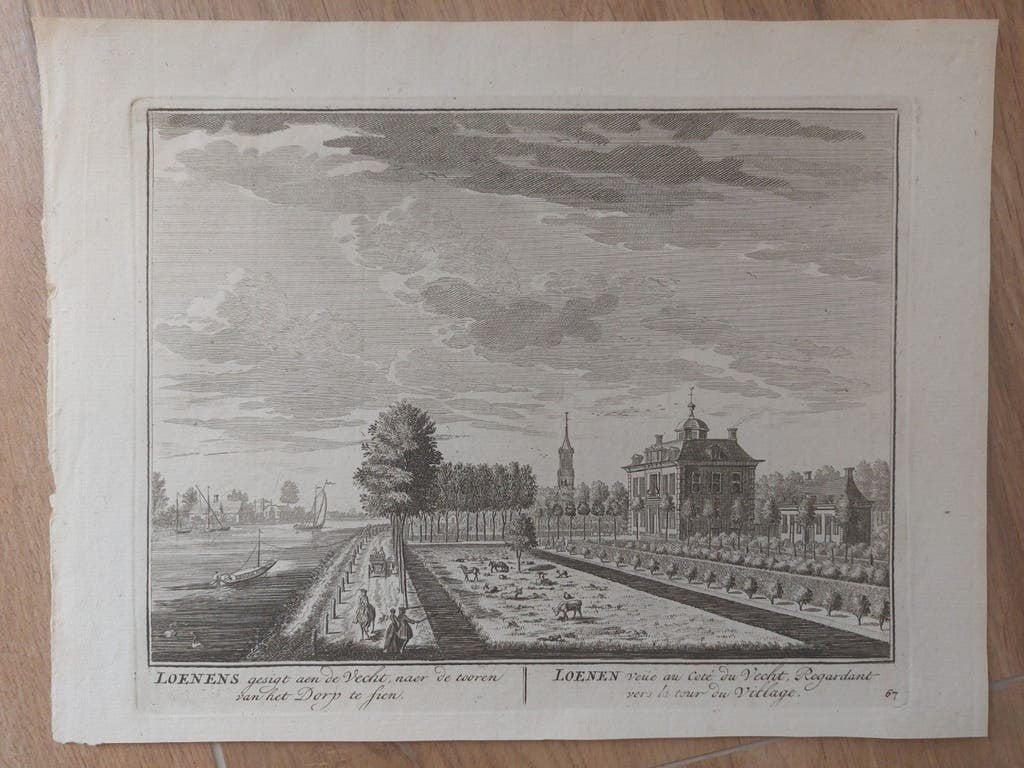 67 / Kerktoren van Loenen langs De Vecht  Orig. gravure 1749, Antiek en Kunst, Stadsgezicht, Blanco verso, Ophalen of Verzenden