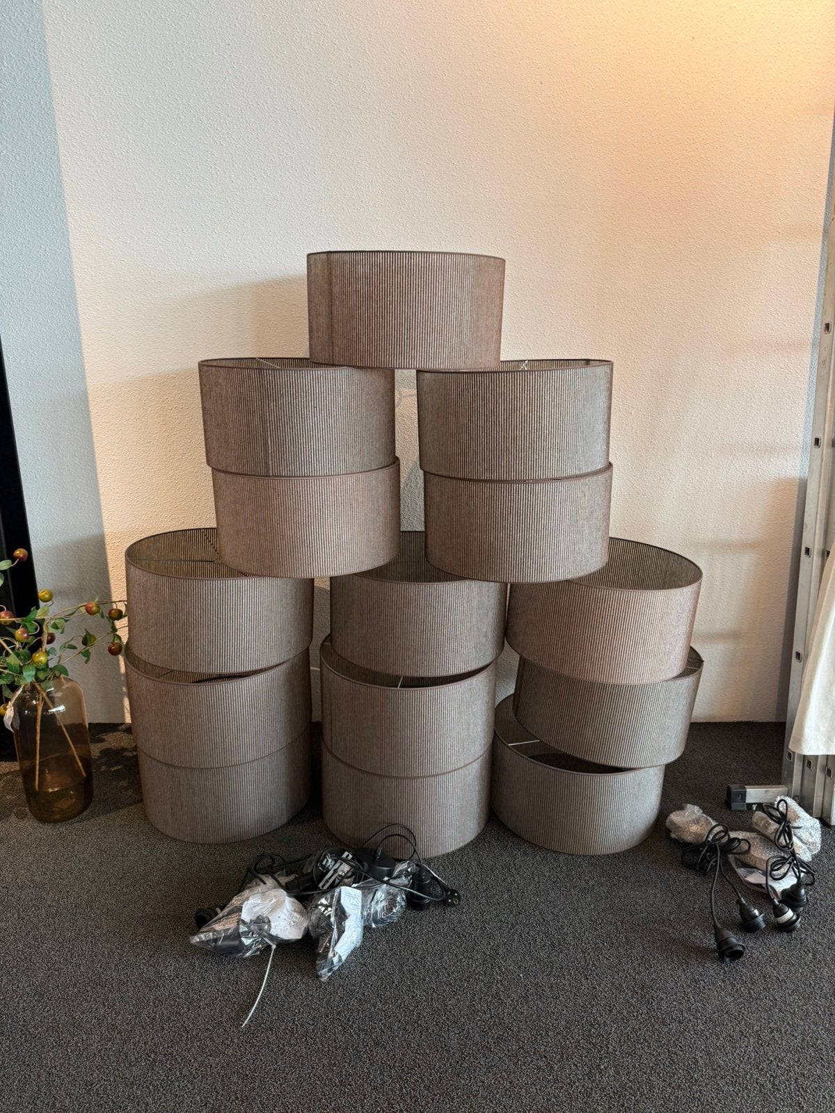 14x lampenkappen - stof lijntjes bruin, Tuin en Terras, Ophalen, Rond, Zo goed als nieuw, Minder dan 40 cm