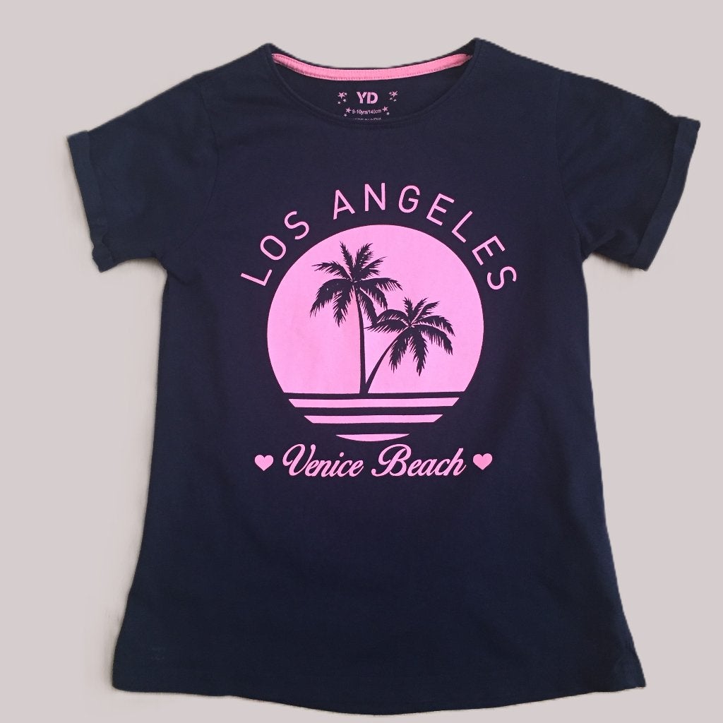 Donkerblauw T-shirt Los Angeles Venice Beach Maat 134 - 140, Meisje, Ophalen of Verzenden, Zo goed als nieuw, Shirt of Longsleeve