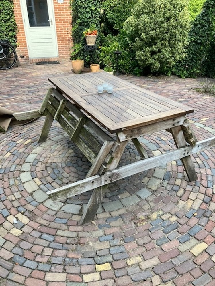 Teakhouten picknicktafel, Tuin en Terras, Ophalen, Gebruikt, Inklapbaar, Rechthoekig