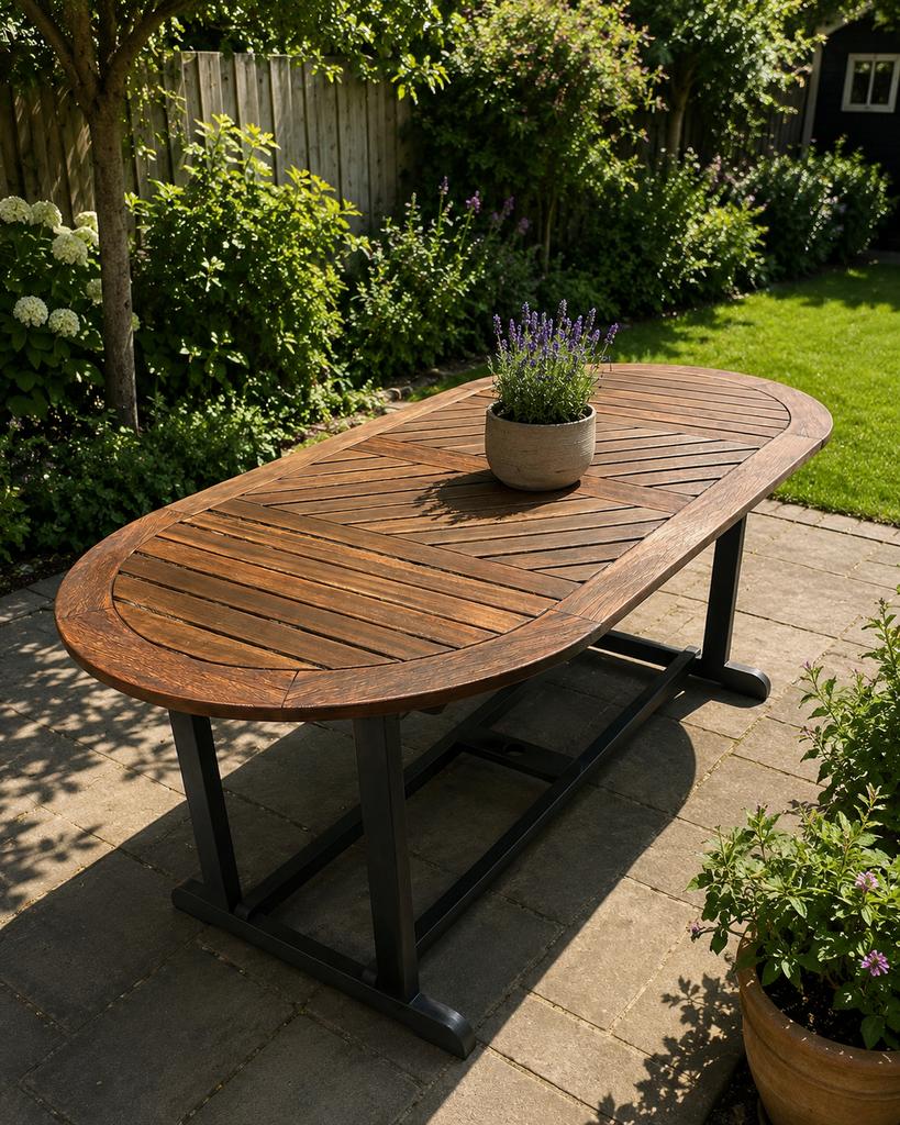 Teak Houten Tuintafel 180x90cm met Zwart Onderstel, Tuin en Terras, Tuintafels, Ophalen, Ovaal, Hout