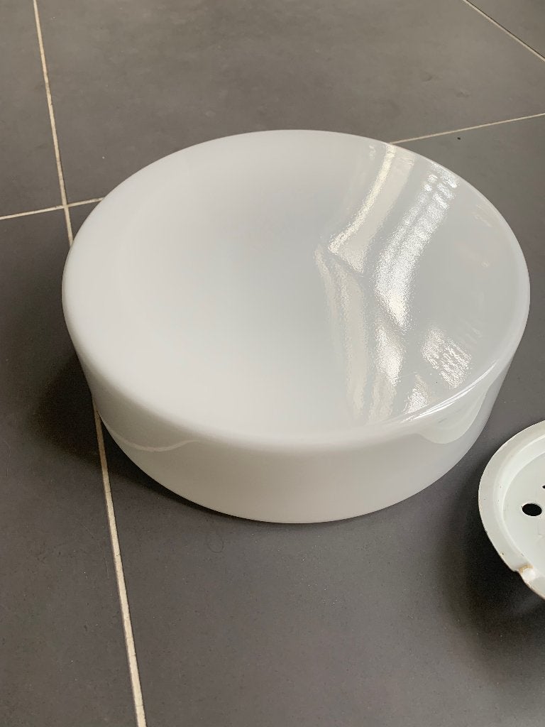 Mid-Century design Plafonniere wit opaalglas, Ophalen, Gebruikt, E27 (groot), Wit