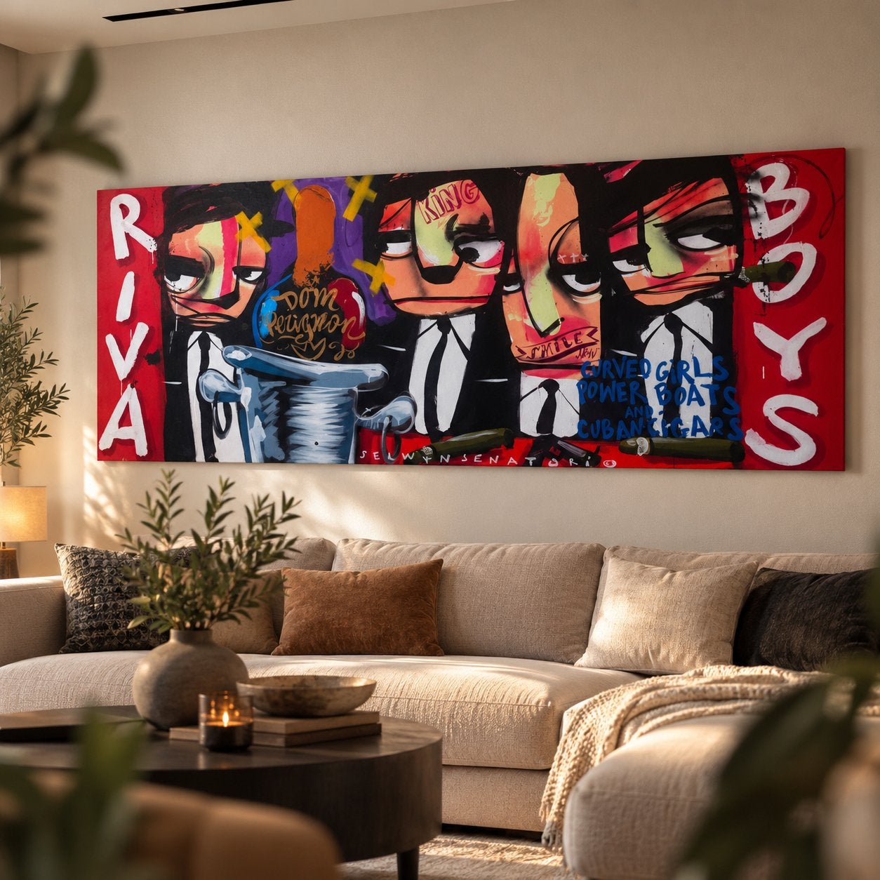 Schilderij Selwyn Senatori – Riva Boys – 200x80 cm, Antiek en Kunst, Figuren, Handgeschilderd, Ophalen of Verzenden, Gemengde techniek