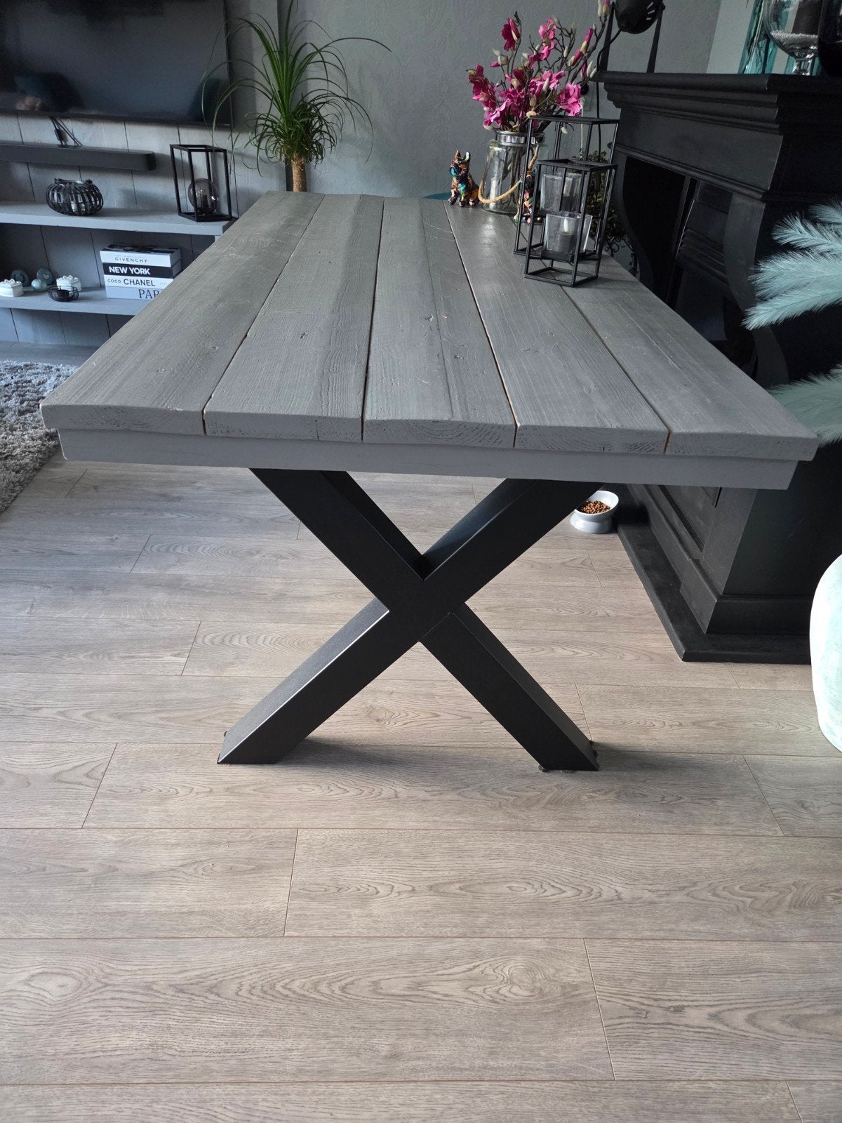 Eettafel steigerhout / 4 stoelen en fauteuil Petrol blauw, Ophalen, Blauw