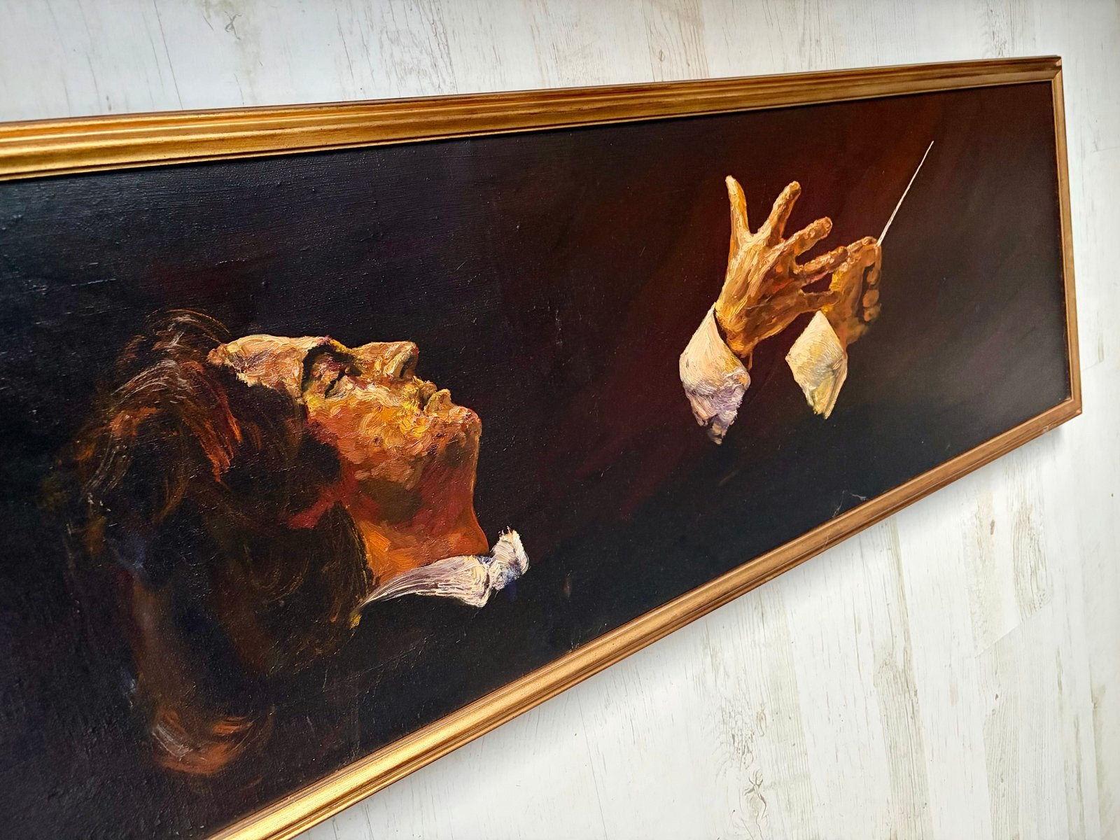 Olieverf schilderij Dirigent Kees van Citters 45x125 cm, Doek, Portret of Personen, Realistisch, Ophalen of Verzenden