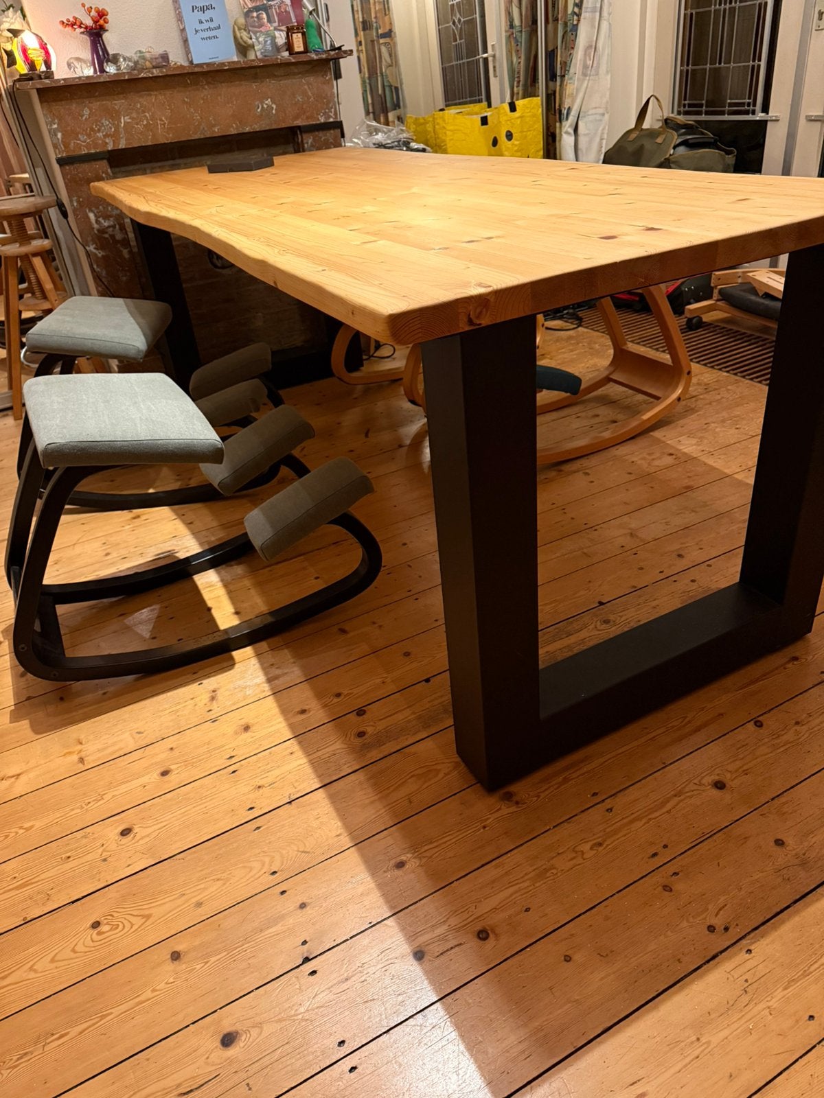 Vurenhouten tafel 220xca90cm.  77cm hoog, Ophalen, 200 cm of meer, 50 tot 100 cm, Vijf personen of meer