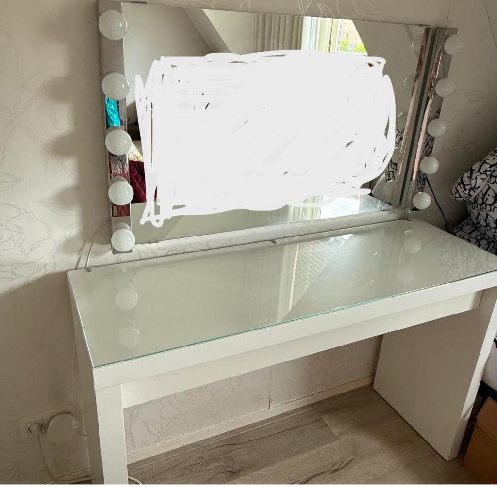 IKEA kaptafel, spiegel, IKEA Ledsjo led lampen en glasplaat, Ophalen, Gebruikt, 100 tot 150 cm, Minder dan 100 cm