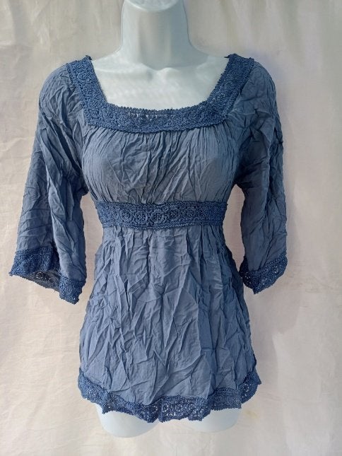 Mooi blauw jaren '70 shirt met kant mt M, Maat 38/40 (M), Blauw, ., Ophalen of Verzenden