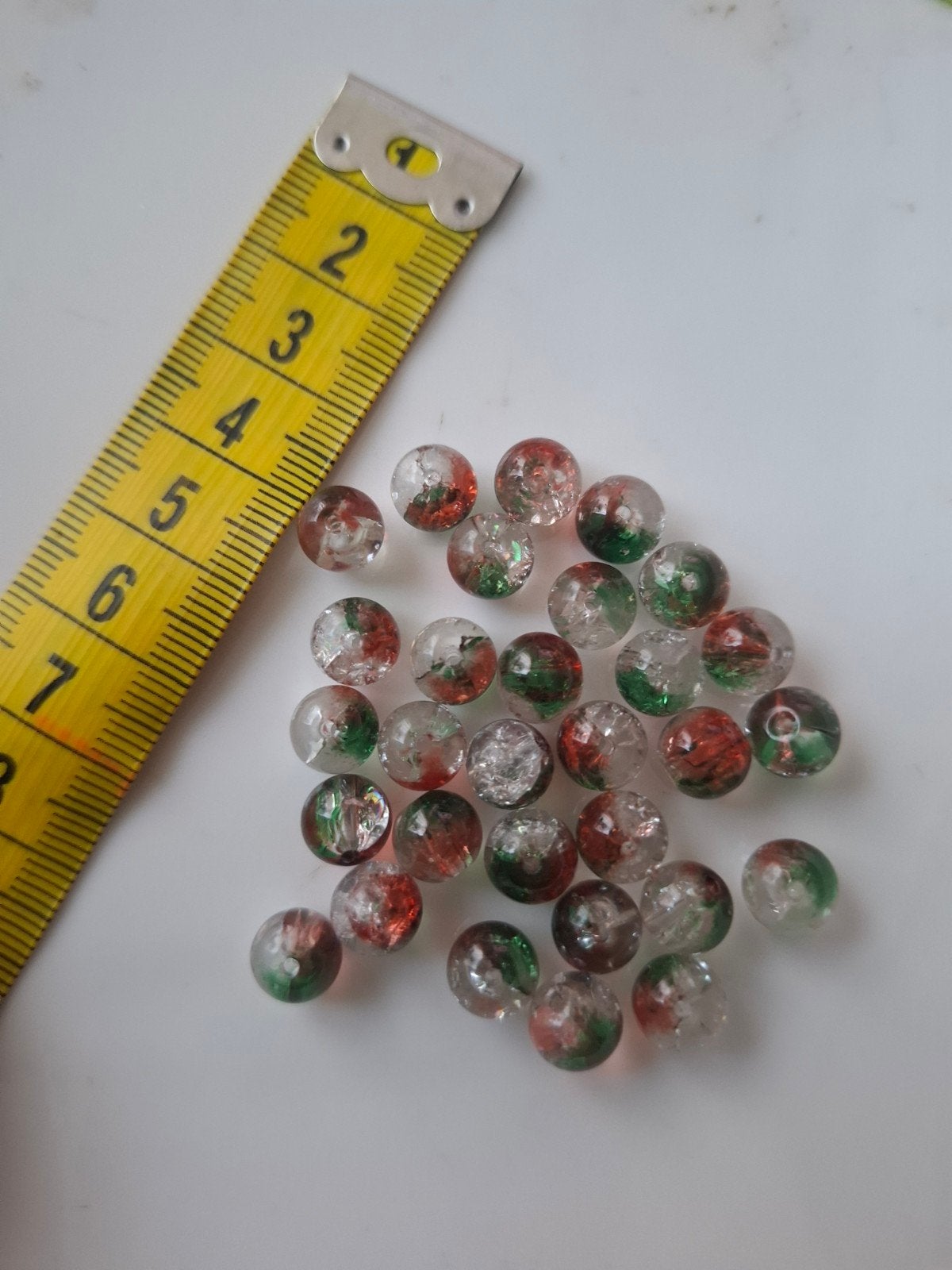 30 stuks 8 mm glaskralen crackle groen rood kralen partij, Kraal, -, -, Nieuw