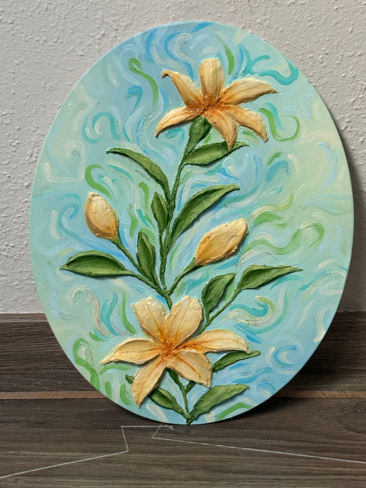 Ovaal schilderij met 3D bloemen, door mijzelf gemaakt, Bloemen, Realistisch, Ophalen of Verzenden, Handgeschilderd