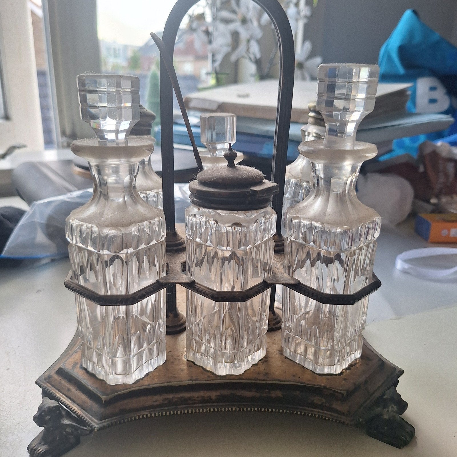 Antieke kruideniersset met 6 glazen flessen, Antiek en Kunst, Ophalen of Verzenden