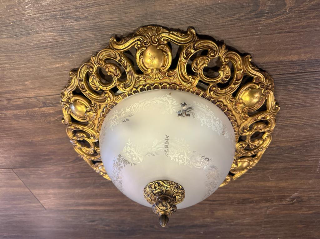Antieke plafondlamp met 4 lichtpunten, goudkleurig, Antiek en Kunst, Antiek | Lampen, Ophalen