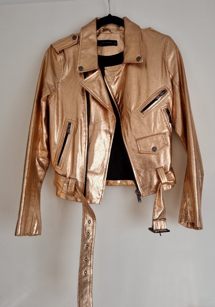 Zara metallic rosé gouden leren bikerjack met een ceintuur, Kleding | Dames, Maat 38/40 (M), Overige kleuren, Zara, Ophalen of Verzenden