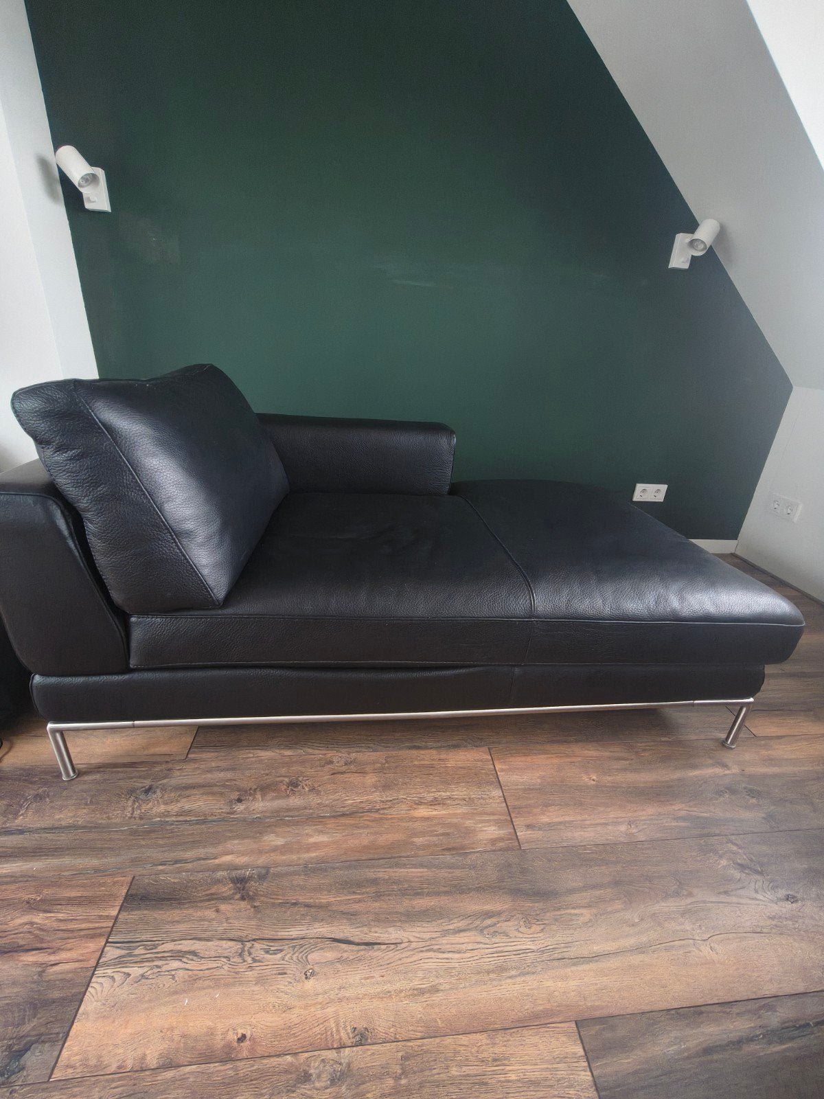 Zwarte leren chaise longue, Ophalen, Gebruikt, Eenpersoons, 150 tot 200 cm