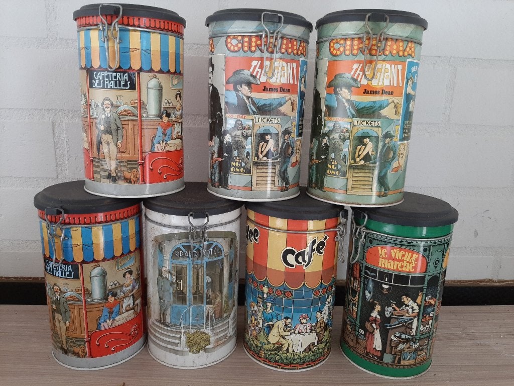 7 Vintage MIVAT Voorraadbussen (Pistoia, Italië) Jaren 70/80, Verzamelen, Blikken, Ophalen of Verzenden, Gebruikt, Overige, Overige merken