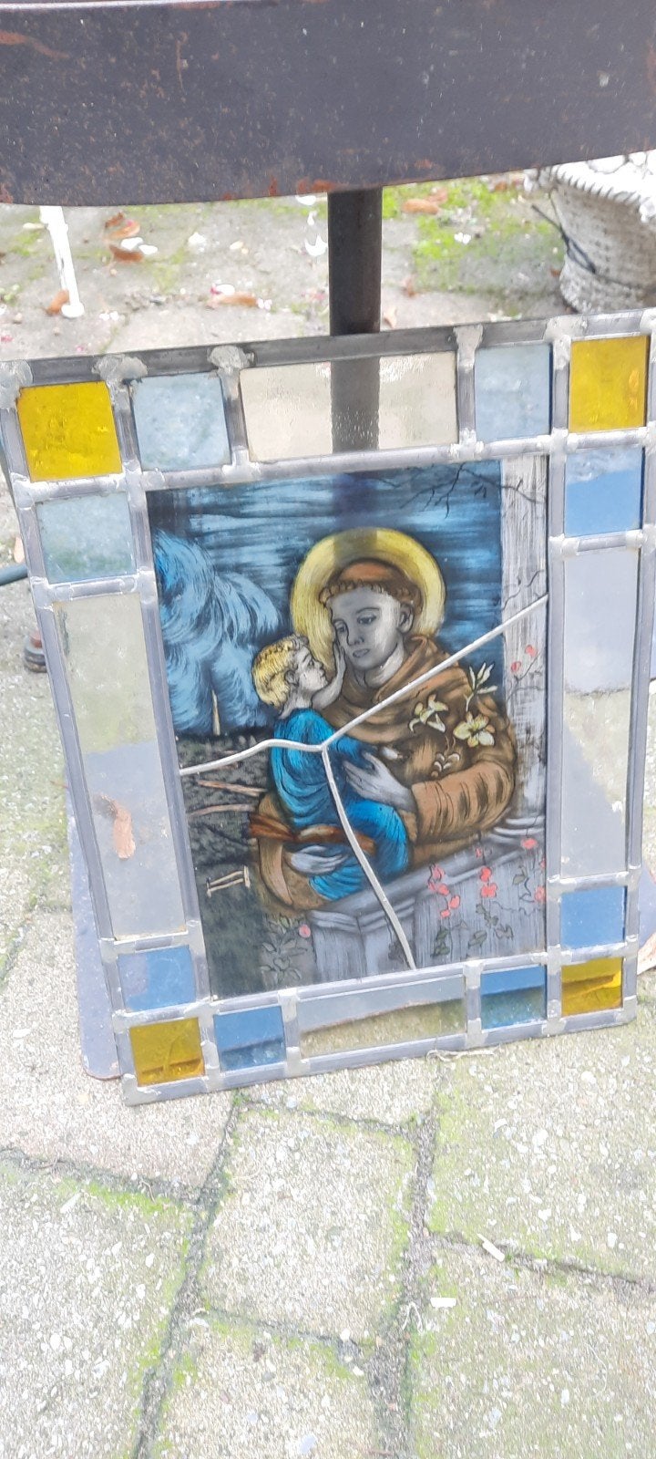 Antiek glas-in-lood paneel met religieuze voorstelling, Ophalen of Verzenden