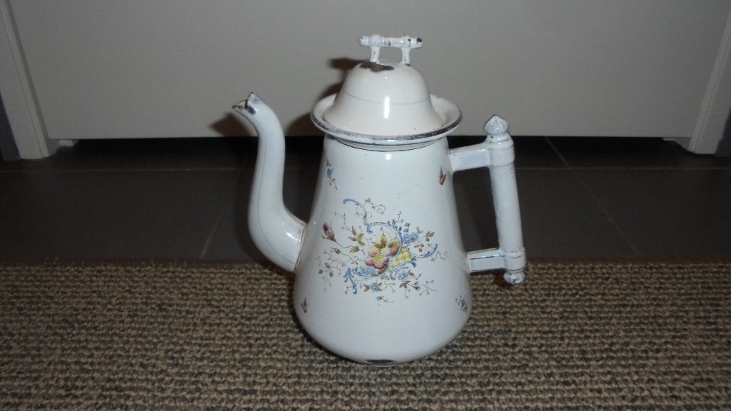 wit gebloemd emaille koffiekan met luciferhandvat H24cm, Ophalen