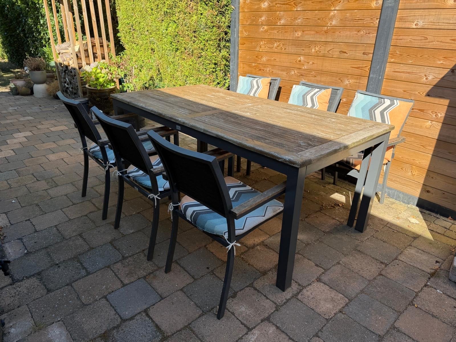 Tuinset Bois Le Duc met 6 stoelen en kussens, Tuin en Terras, Tuinsets en Loungesets, Ophalen, Gebruikt, Eettafel, 6 zitplaatsen