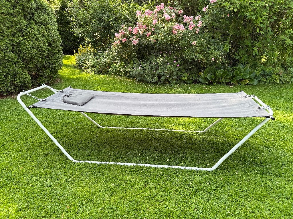 fijne hangmat met standaard, Tuin en Terras, Hangmatten, Ophalen, Opvouwbaar, Zo goed als nieuw, Eenpersoons