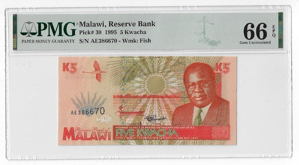Malawi 5 Kwacha 1995 Unc PMG 55 EPQ, Ophalen of Verzenden, Overige landen, Los biljet
