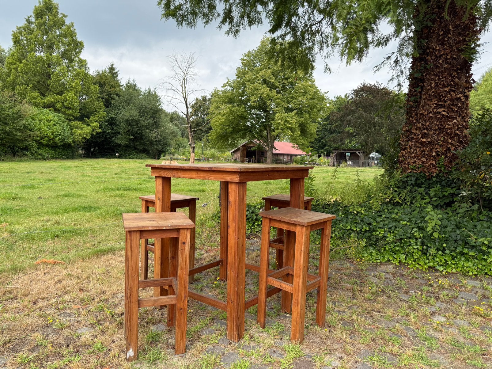 Houten Bartafel/statafel met 4 barkrukken, Ophalen, Gebruikt