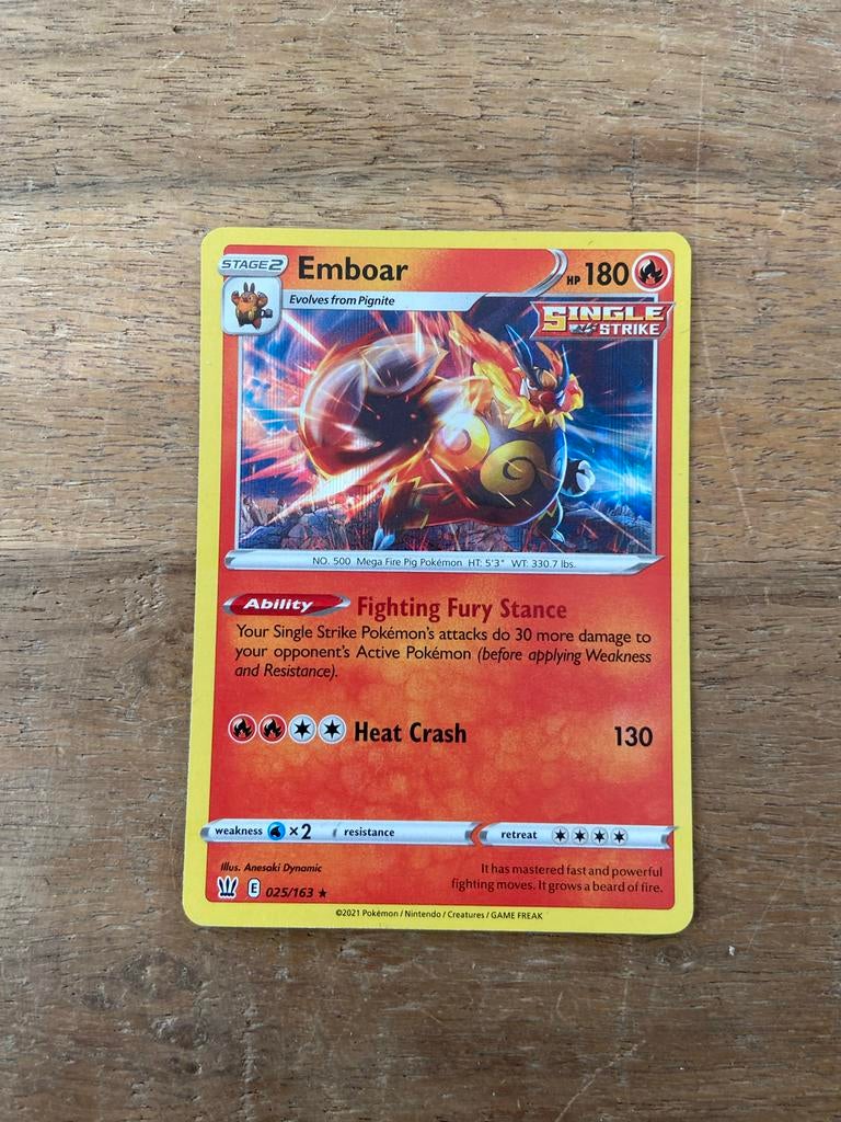 Emboar 025/163 Single Strike Pokémon Kaart, Ophalen of Verzenden, Zo goed als nieuw, Losse kaart