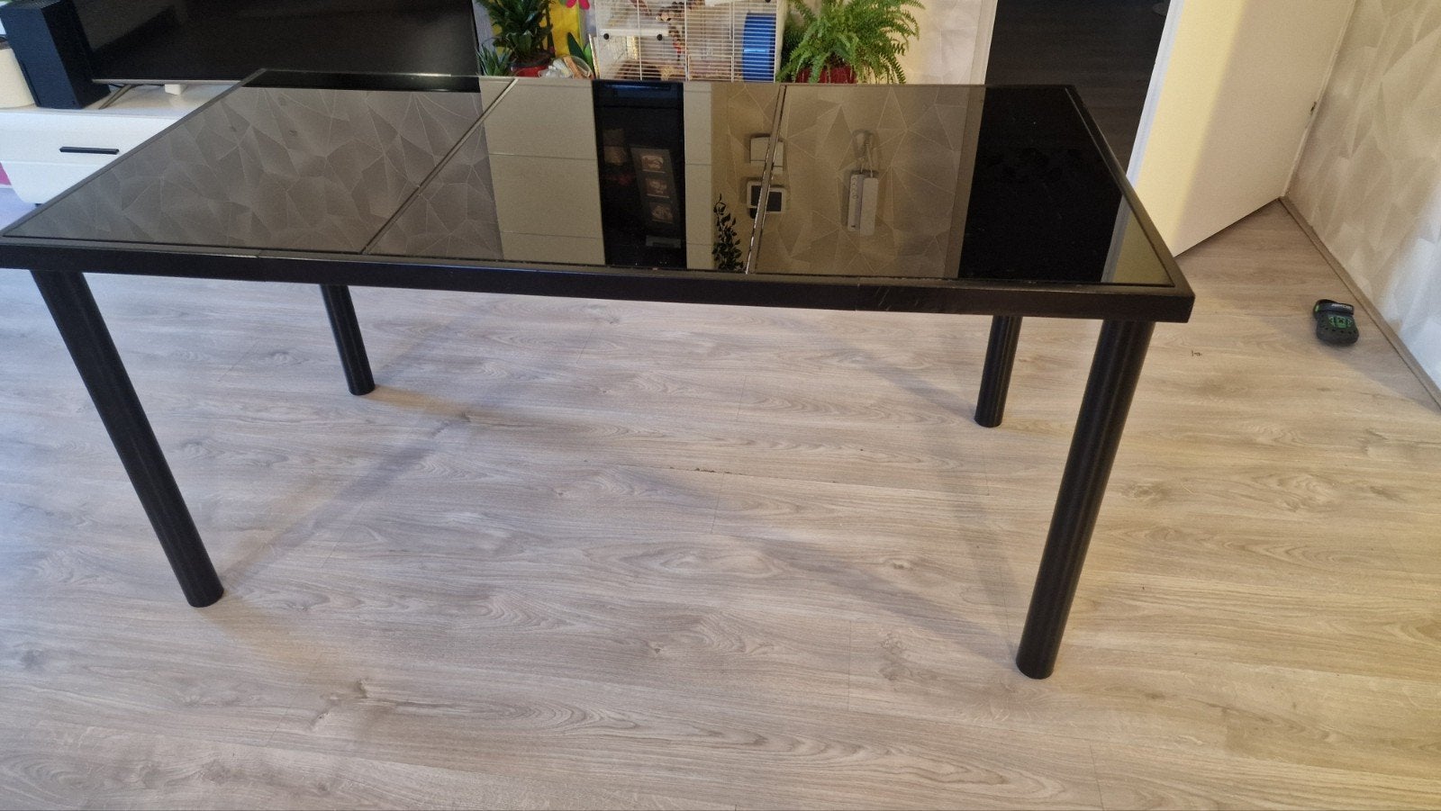 Zwarte glazen eettafel - uitschuifbaar, Ophalen, Gebruikt, 100 tot 150 cm, 50 tot 100 cm